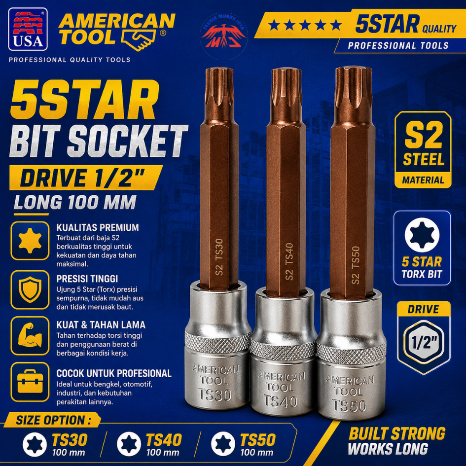 AMERICAN TOOL Star Bit Socket Segi 5 Bintang 5 1/2" TS30 TS4 TS50 X 100 MM PANJANG 10CM Lubang Tampe