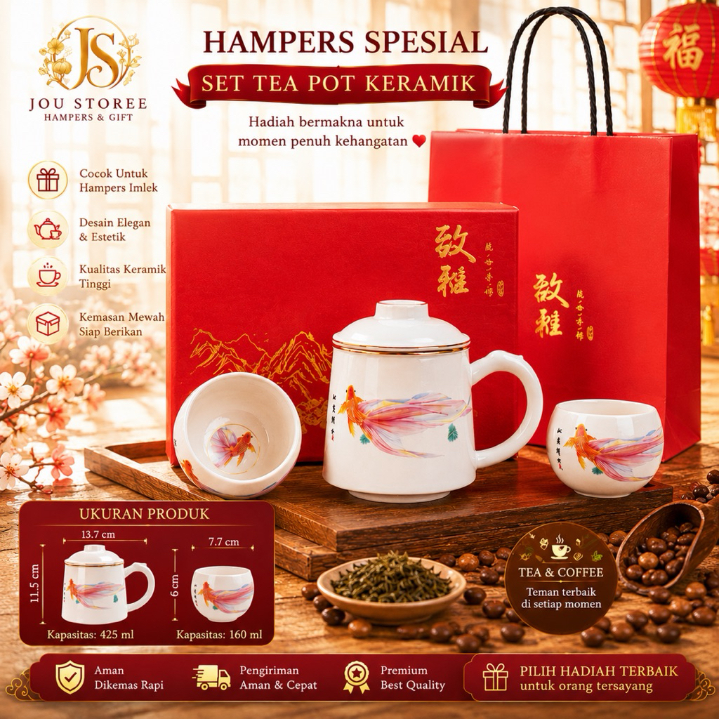 [JOUSTOREE] TEH SET ANTIK KERAMIK CANGKIR HAMPERS SOUVENIR TEH SET IKAN KERAMIK