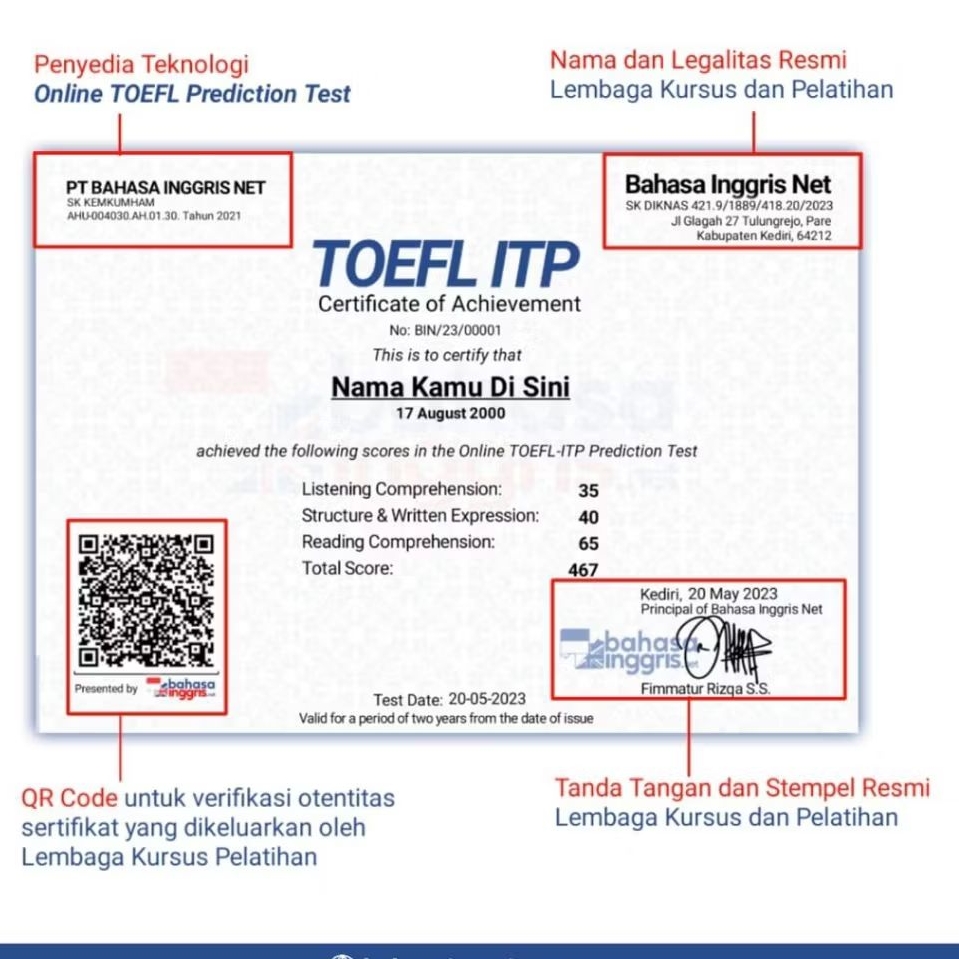 Dokument Sertifikat Digital TOEFL - ITP [Online] Prediction test setara  EPT (English Proficiency Te