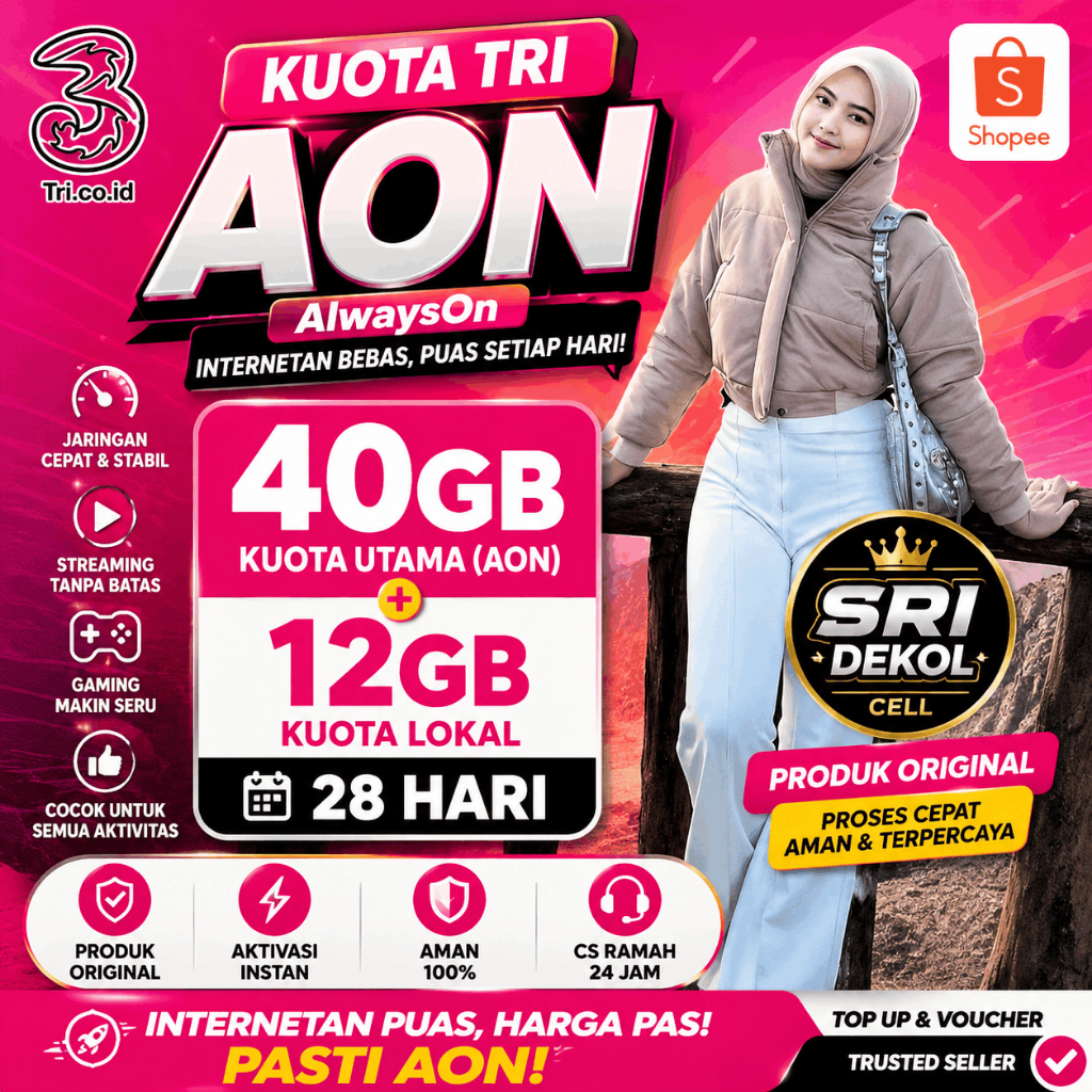 Kuota TRI AON AlwaysOn 52GB (40GB AON + 12GB Lokal) 28 Hari Original Murah