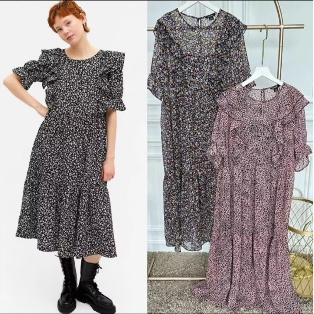 Oneset Dress Wanita Outer Sifon Motif Floral + Inner Premium | Dress Layer Jumbo | Dress Korean Styl