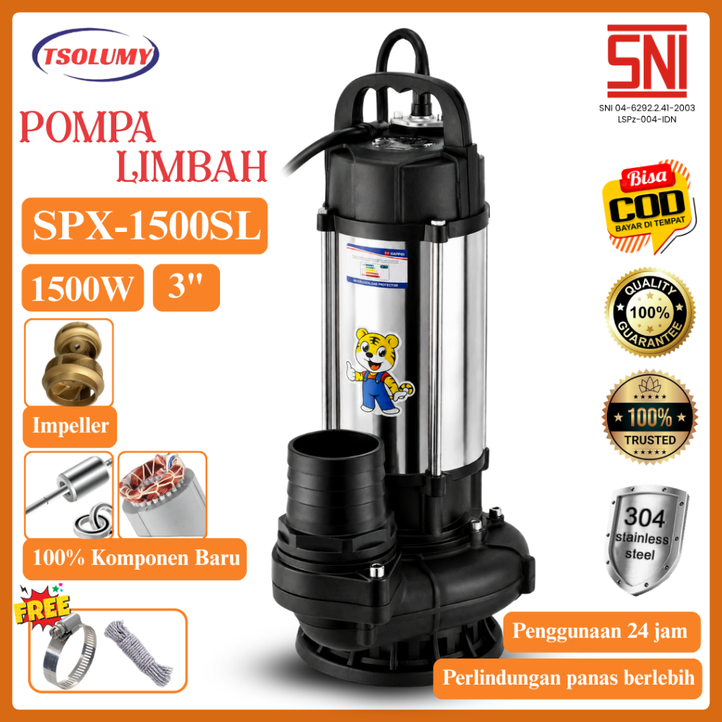 Tsolumy Pompa Celup Air Kotor SPX-1500SL Pompa Tambak Pompa Lumpur Pompa Banjir Limbah Outlet 80mm