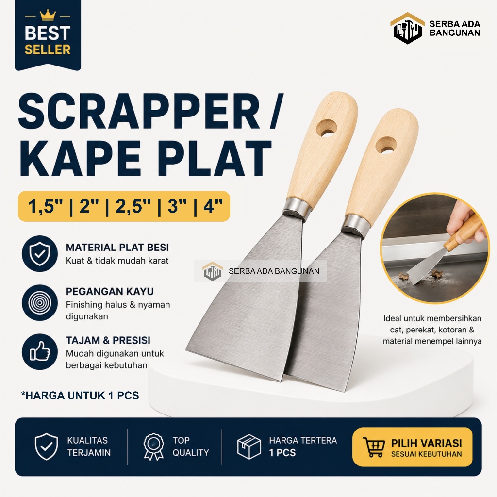 SAB Kape Gagang KAYU  11/2” 2” 3” 4” / Scraper / Skrap / Scrap / Kape Plat Gagang KAYU / Kape Gagang