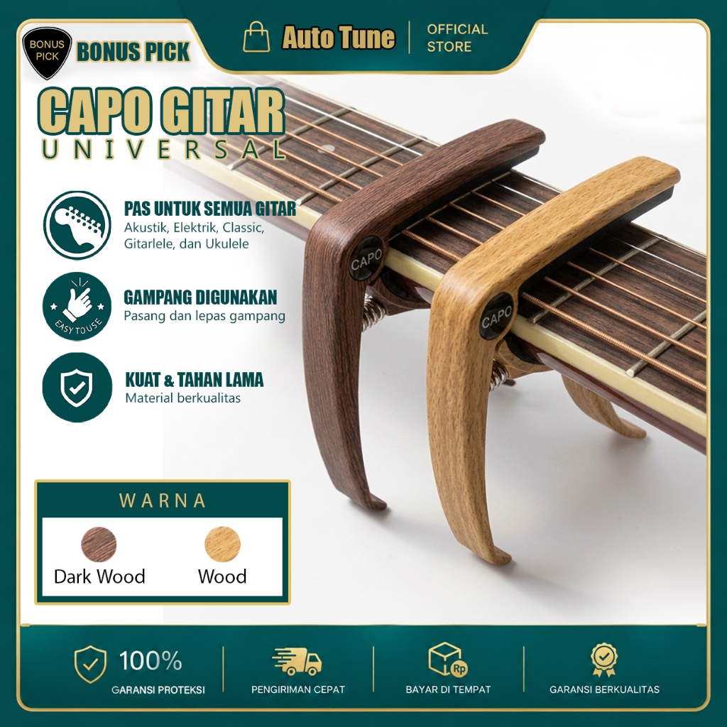 AUTOTUNE - Capo Gitar Motif Kayu Kapo Gitar untuk Akustik dan Elektrik Gitar Alumunium Alloy