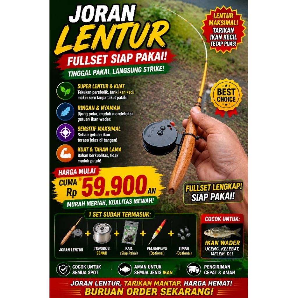 joran lentur fullset siap pakai sudah cocok untuk ikan wader ikan nilem sama  ikan kecil kecil