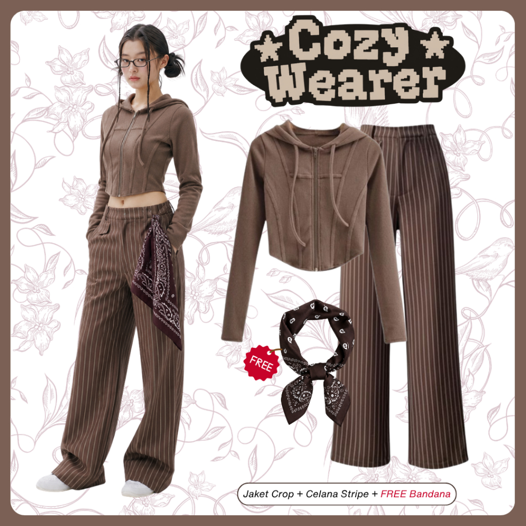 INSSA One Set Daily Korean Style Wanita Jaket Crop + Celana Stripe + Free Bandana | SSA32