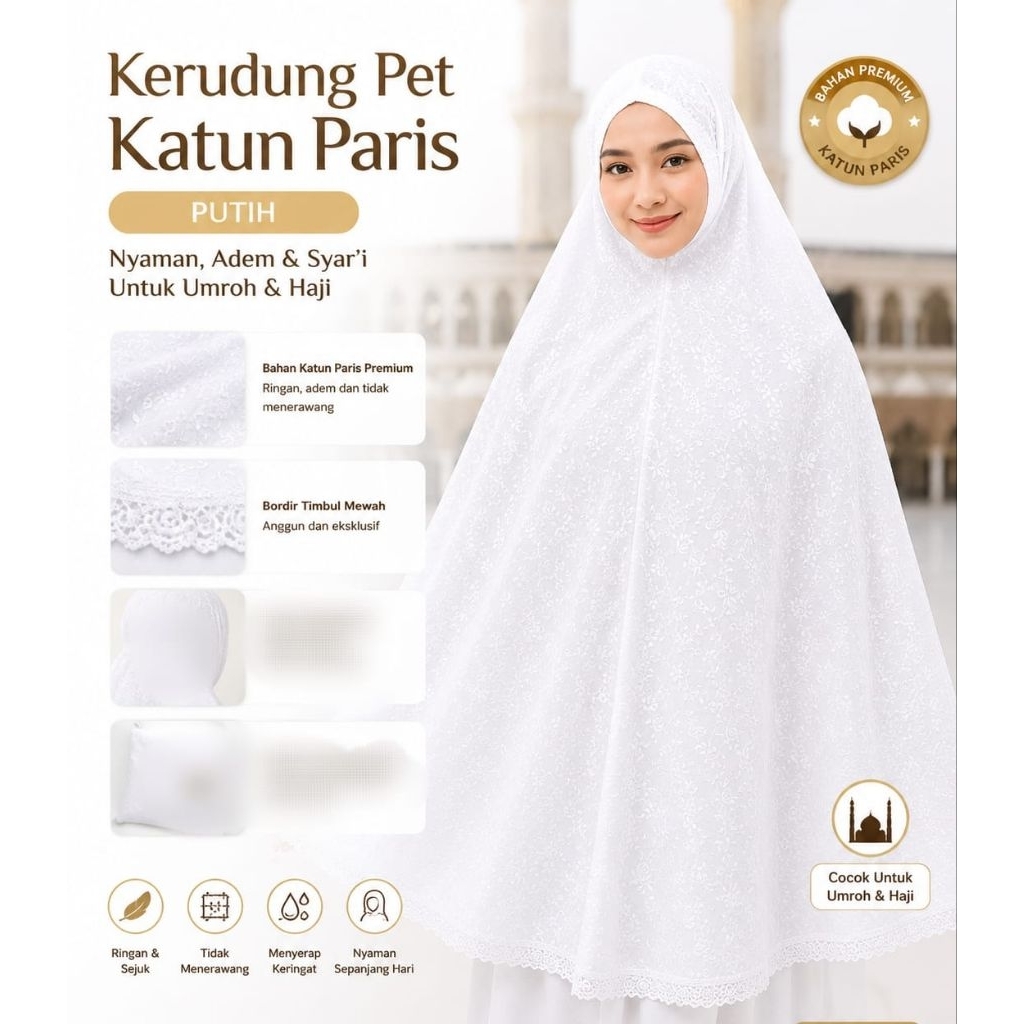 Bergo Pet Full bordir Motif putih katun paris