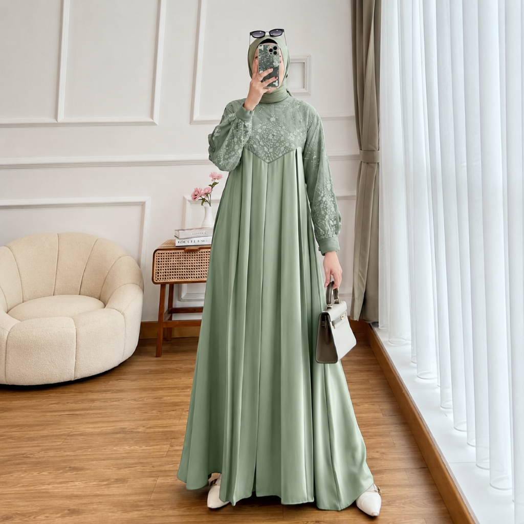 Agnia Maxi Dress Brukat Pesta Kondangan Simple dan Mewah Size Jumbo Gamis Model Terbaru 2026 Elegan