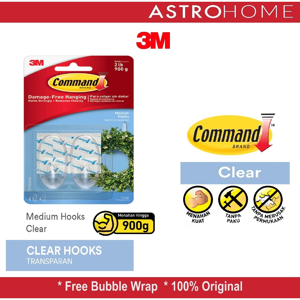 Gantungan Clear Medium Hooks 3M Command 17091CLR 17091 CLR Perekat Kuat Transparan 2 Hook Maks 900g 