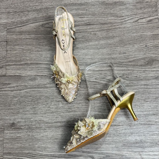 Gold Sandal Sepatu Selop Pesta Wanita Stiletto Heel AVEDA SALE CUCI GUDANG