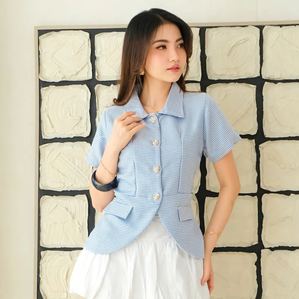 Atasan Wanita Blouse Tweed Peplum Lengan Pendek Kancing Bunga Motif Houndstooth