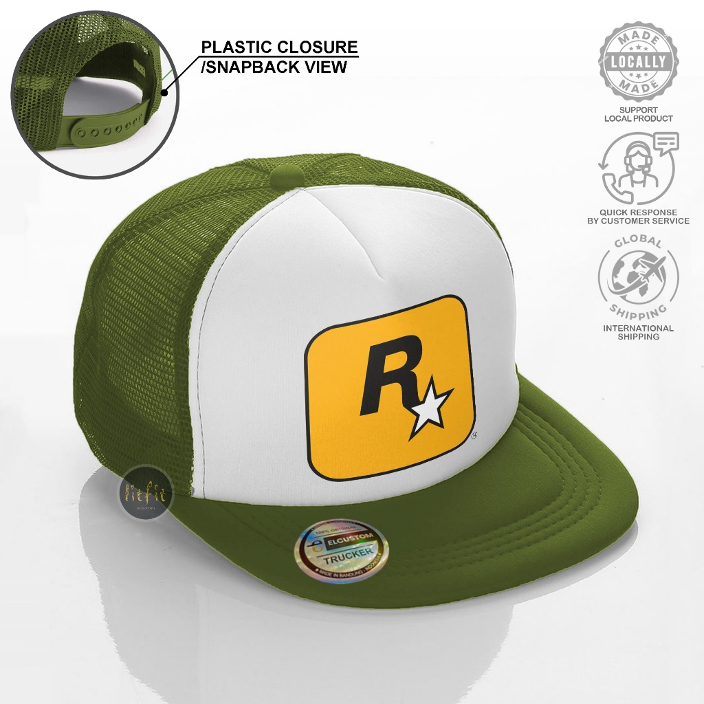 Topi Snapback - Rockstar Games /Topi Pria Trucker Jaring /Topi Distro Skena Outfit /Topi Cowok Starb