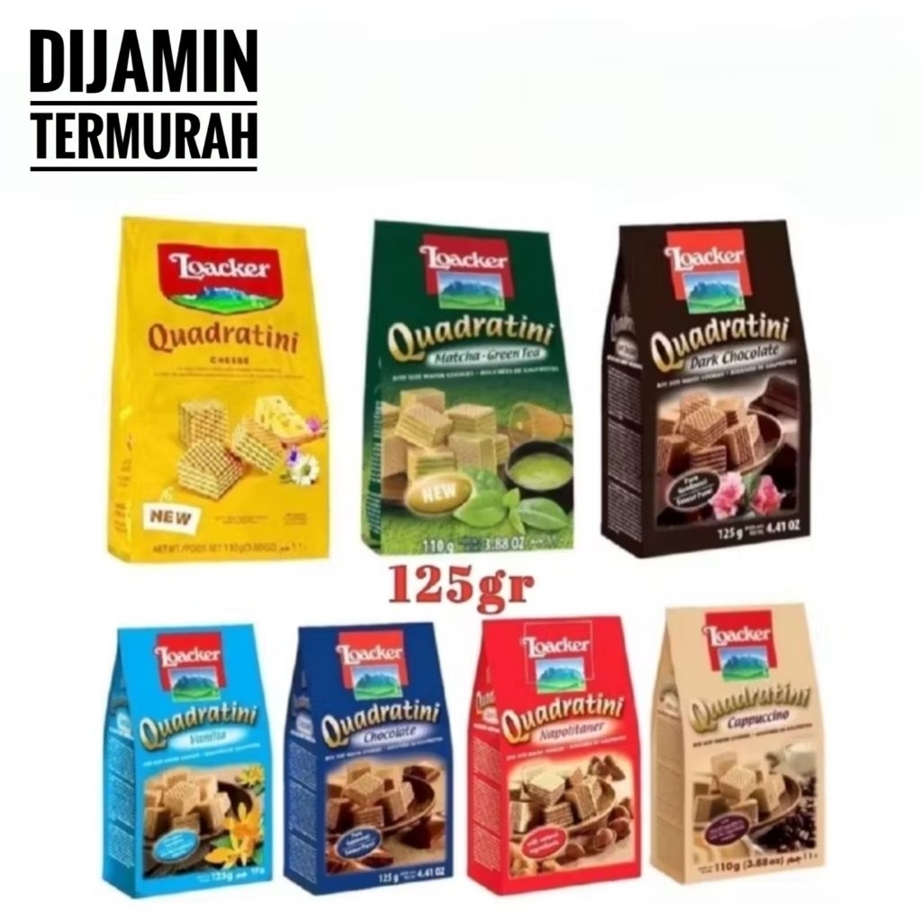 Loacker Quadratini Wafer Biskuit Italia 125gr Premium Chocolate Vanilla Matcha Napolitan Snack