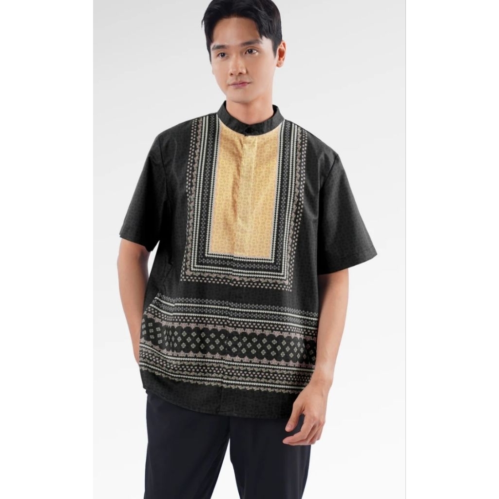 Benang Jarum Blooming Eid Men Shirt - Black Iris Baju Lebaran Baju Koko Kemeja Hitam Pria