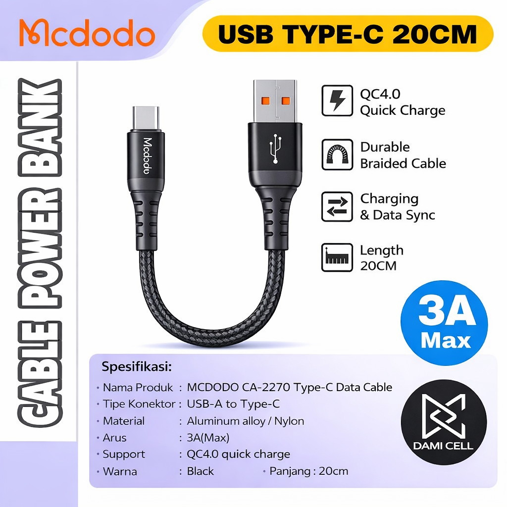 Kabel Data Type C Pendek Cable PB 20CM QC Fast Charging Original MCDODO CA-2270