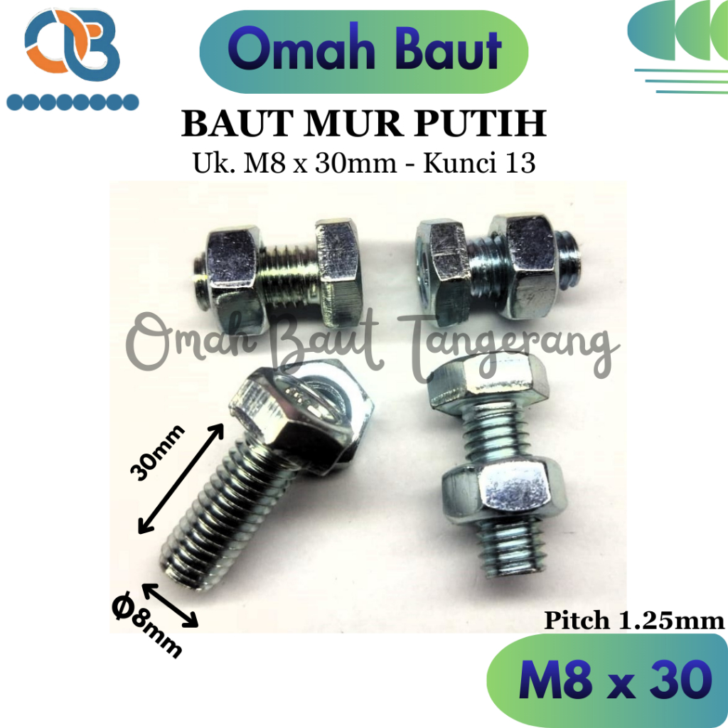 M8x30 Baut Mur M8 X 30 BMP Galvanis Putih Baut Rak Siku