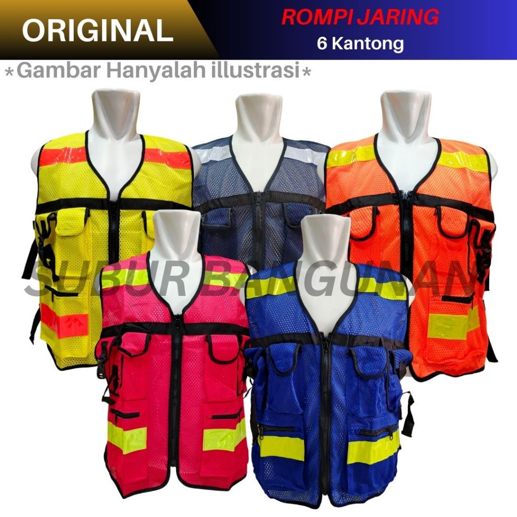 Rompi Jaring Safety Proyek 6 Kantong Rompi Lapangan Reflektif Kuning / Hitam