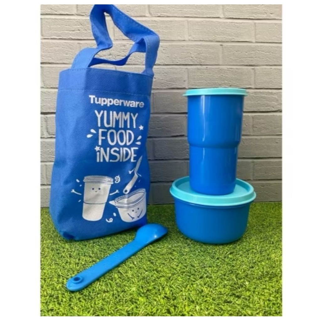 Bekal set festive Biru, bowl 450ml + tumbler 350ml + sendok biru + tas Biru.. Tupperware