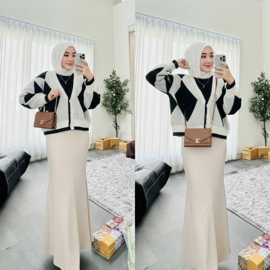 Cardigan Rajut Wanita Crop Hitam Putih Motif Argyle Abstrak – Outer Rajut V-Neck Lengan Balon A041