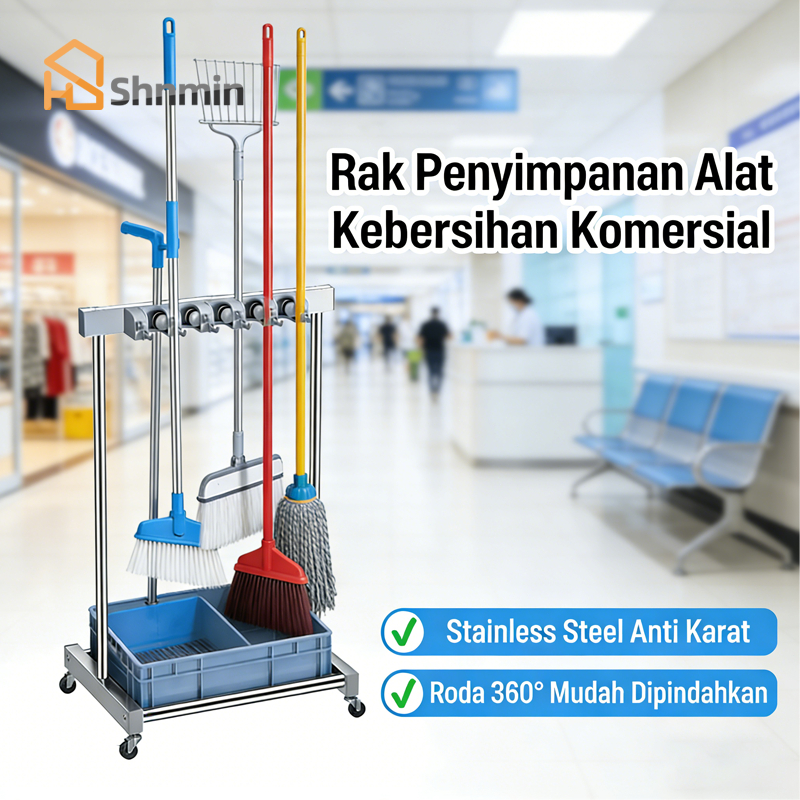 Rak Penyimpanan Sapu & Pel Beroda - Rak Alat Kebersihan Stainless Steel - Rak Alat Kebersihan Serbag
