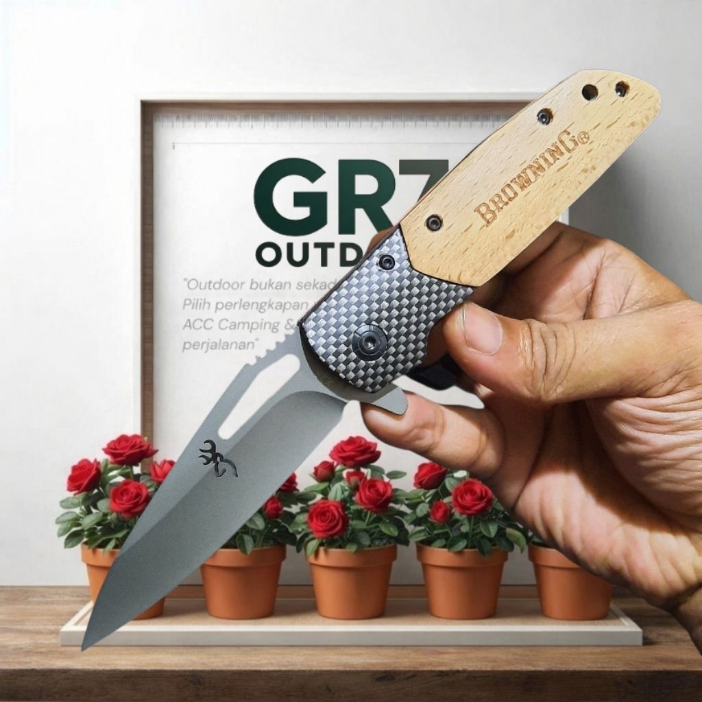 Pisau Survival Lipat Outdoor Browning X28 Gagang Kayu Ergonomis / Pisau Berburu / Survival Kit