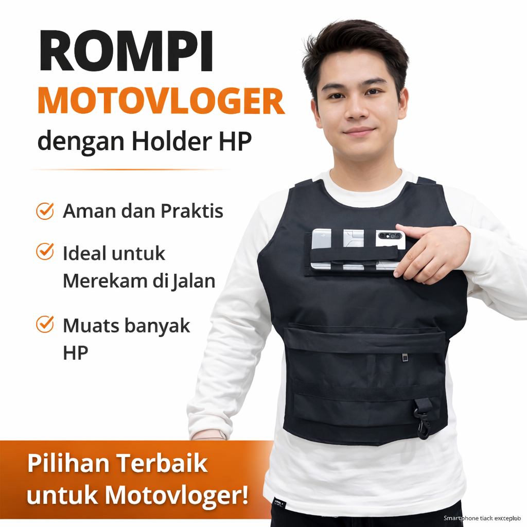 Rompi Moto Vloger dengan Holder hp dan gantungan kunci pelindung dada dari terpaan angin kantong dep