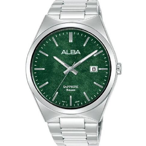 Jam Tangan Pria Alba AS9V81 AS9V81X1 Sapphire Strap Stainless Steel Silver Color Men Green Dial Orig
