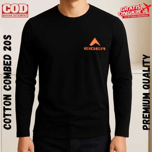 Baju Kaos Lengan Panjang  (PROMO COD) Kaos Distro Lengan Panjang Pria Wanita Eiger kiri Logo Oren - 
