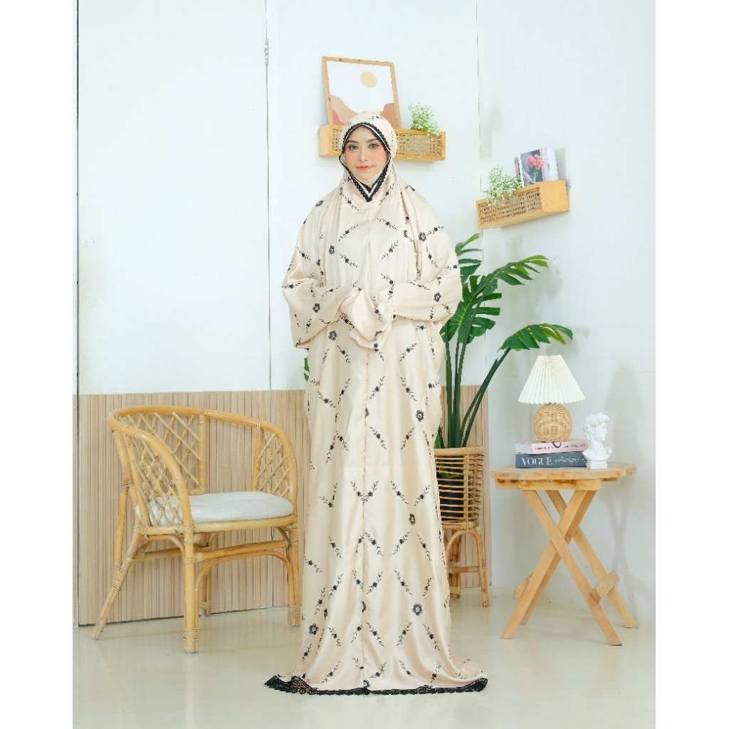 mukena terusan dewasa bordir bahan sutra pelpet lembut adem