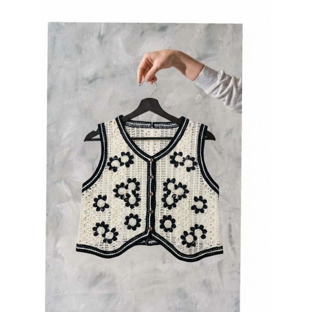 vest rajut motif bunga bunga/vest kancing rajut/vest motif timbul/vest lucu/atasan wanita/atasan rom