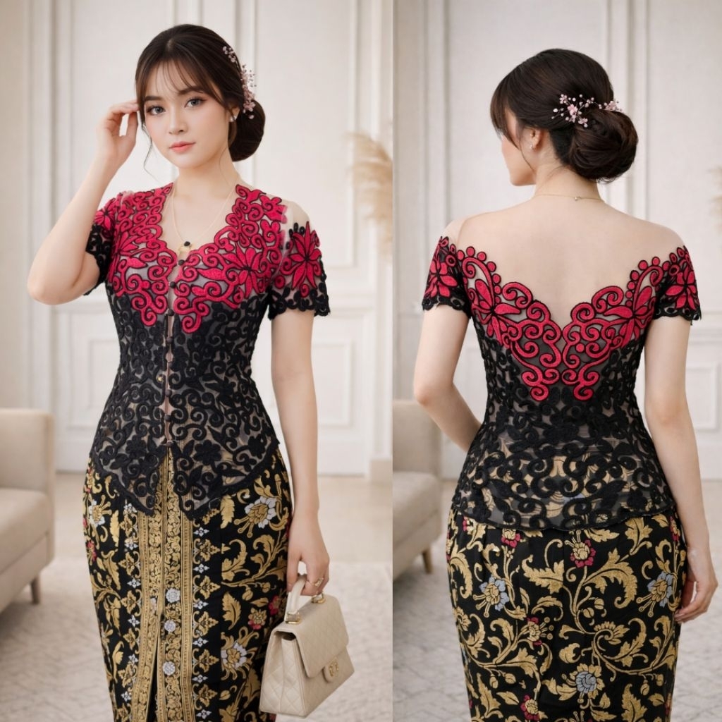 Kebaya Wisuda Wanita Modern Brokat Elegan Kebaya Formal Tile Hime merah