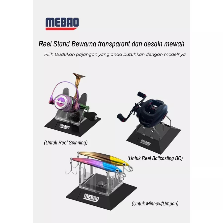 [ Original Mebao ] Reel Stand Display, Reel Stand Mebao untuk Reel Spinning dan Reel Baitcasting/BC/