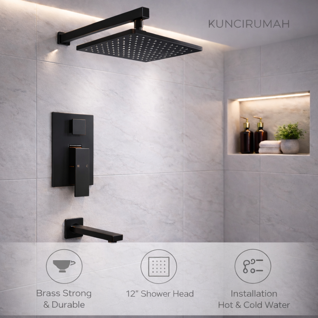 Wall shower set hitam 12 inch kuningan Shower set Kran tanam shower tembok