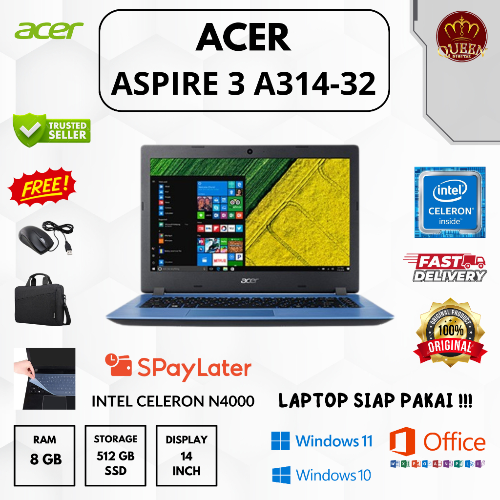 ACER ASPIRE 3 A314-32 | INTEL CELERON N4000 | 8GB RAM | SSD 512GB | 14 INCH