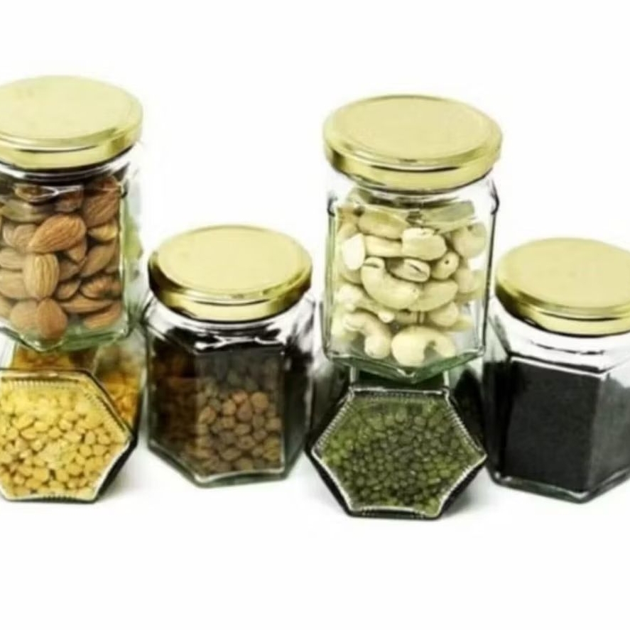 Toples Hexagonal Segi Enam 180ML Tutup Putar Kuning Emas Toples Beling Kaca Kecil Mini Bumbu Dapur G