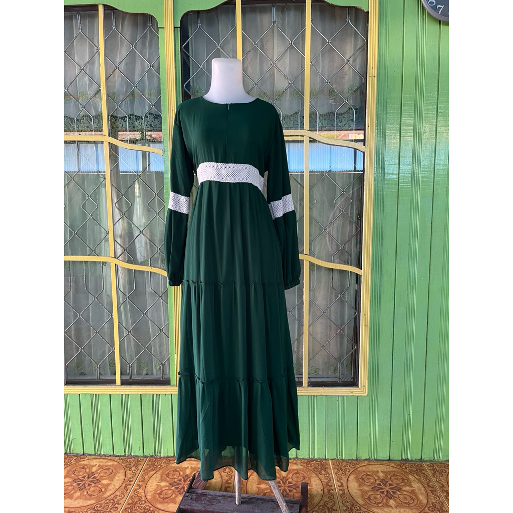 preloved gamis hijau botol bahan kaos mix ceruty