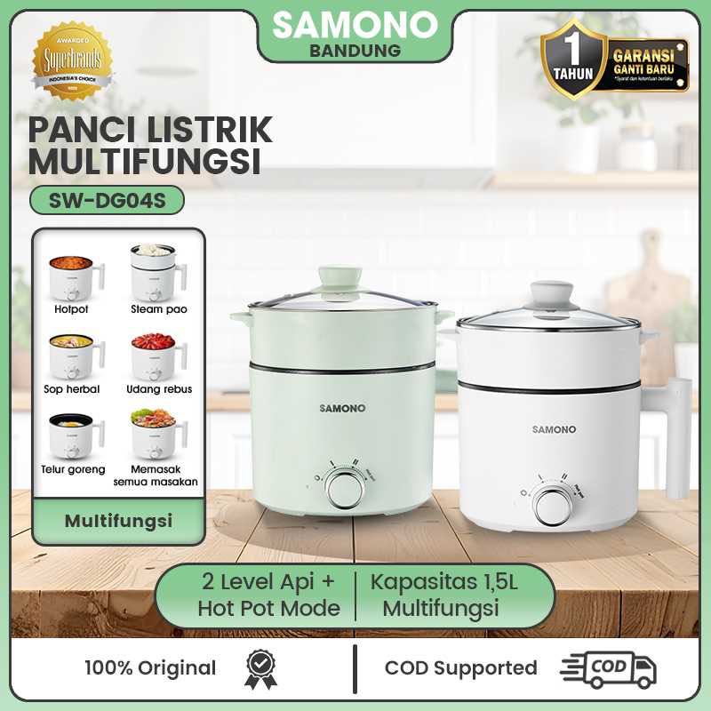 SAMONO Panci Listrik 1.5 Liter Anti Lengket Kukusan 2 in 1 Masak Rebus Kukus Hemat Listrik 150W 3 Mo