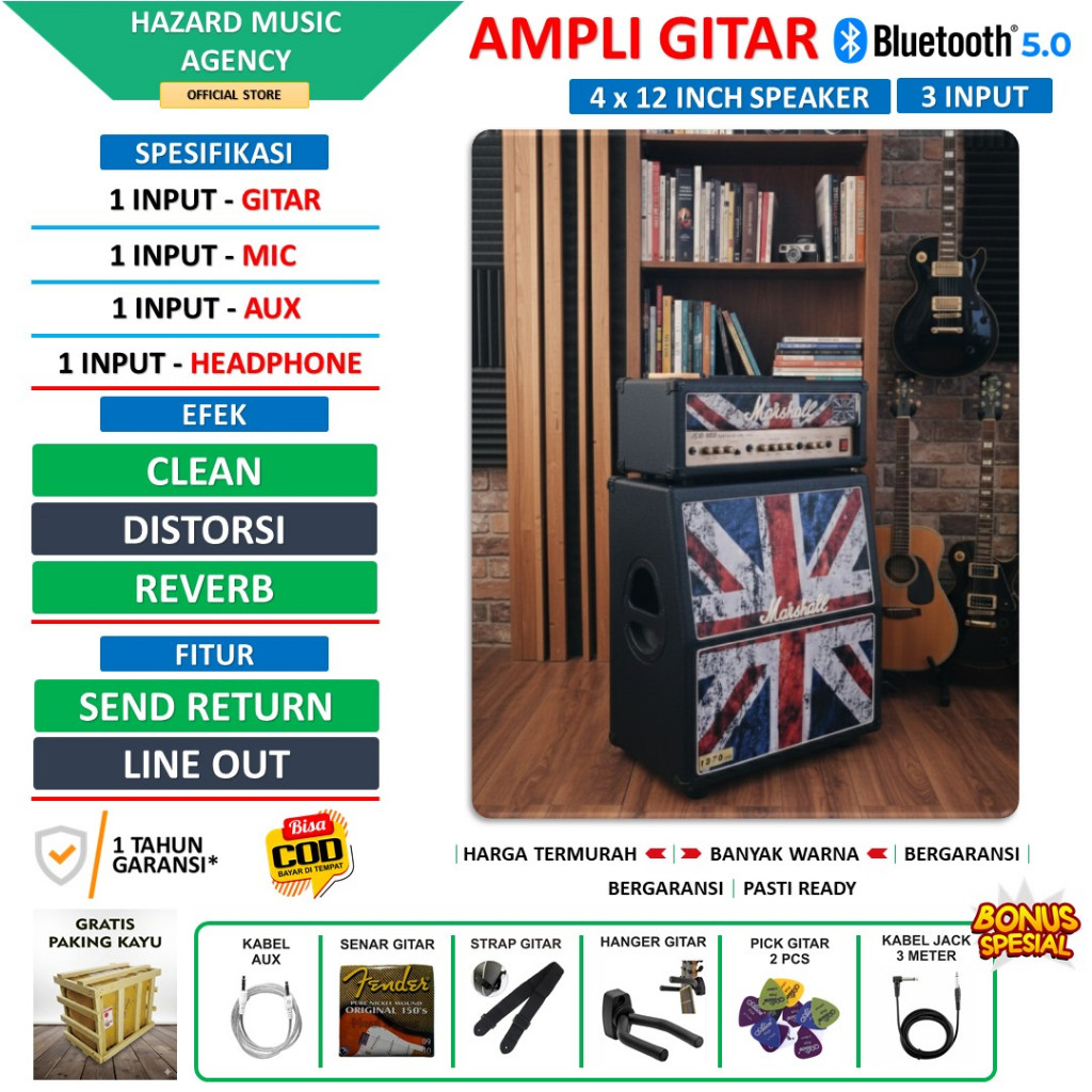 Ampli Gitar & Bass 4x12 Inch Blueooth  3 Input Head Cabinet Marshall bisa untuk karaoke