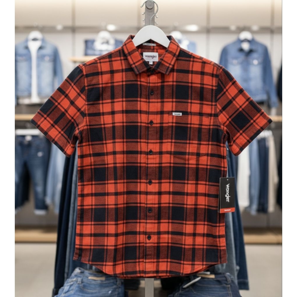 Wrangler Kemeja Flanel Kotak Kotak Merah Lengan Pendek Original Baju Kemeja Cowok kasual Tangan pend