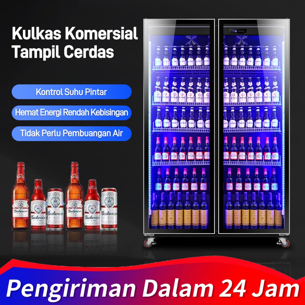Lemari Pendingin Minuman 2 Pintu Komersial 4D Angin Dingin Showcase Minuman untuk Toko Warung Bar