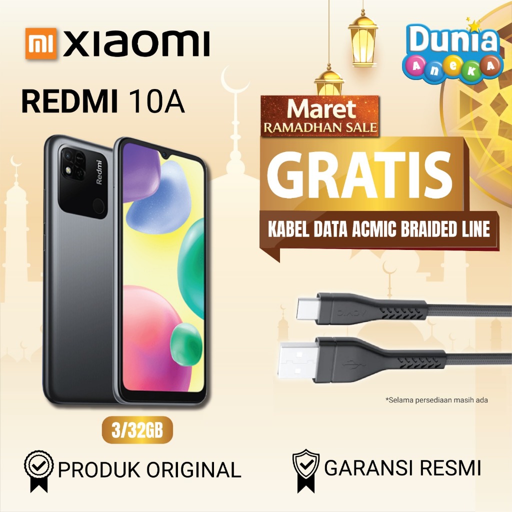 HP Xiaomi Redmi 10A RAM 3GB/ROM 32GB - Layar 6.53" - Baterai 5000mAh - BONUS Kabel Data ACMIC Braide