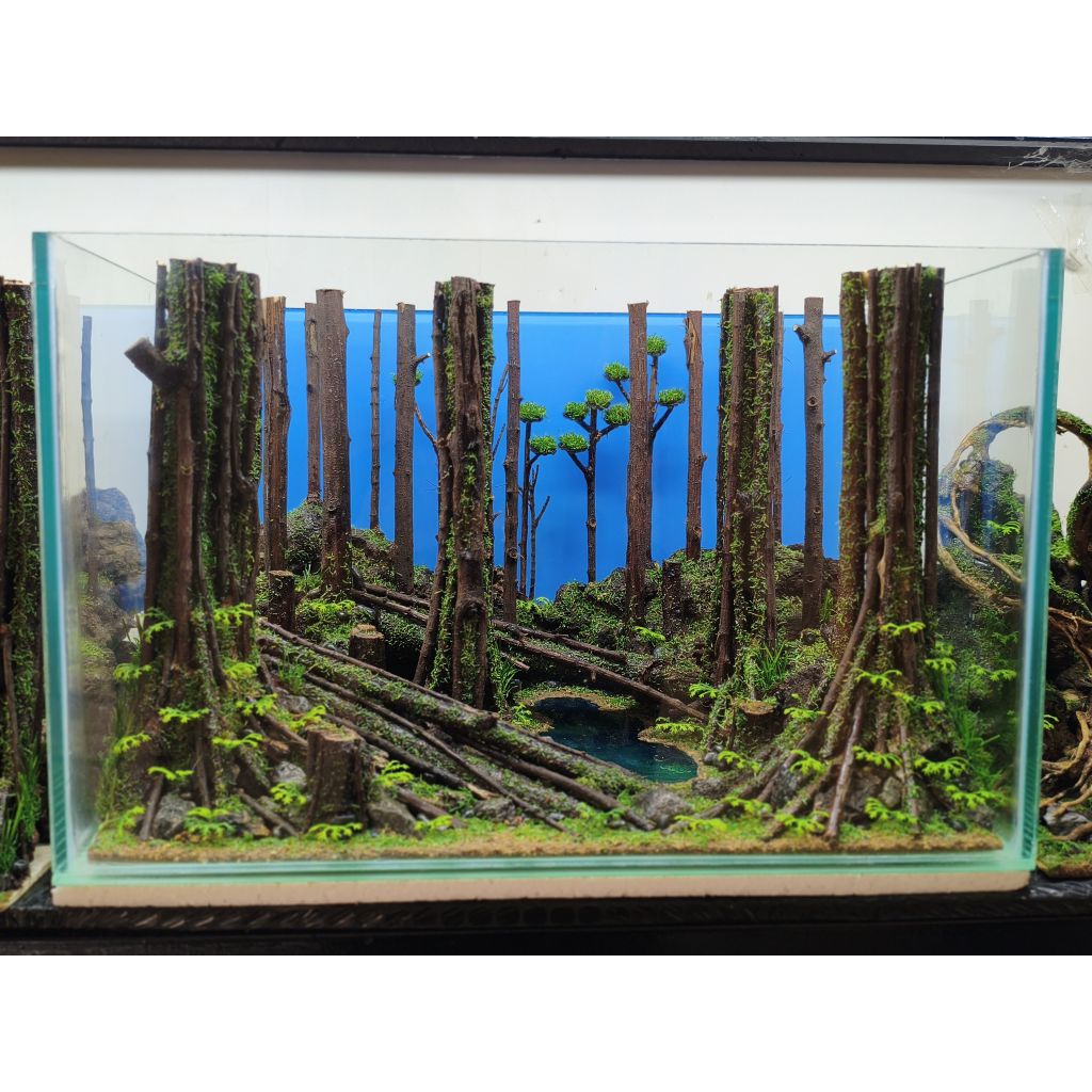 aquascape artifisial ukuran 40x25x25cm tema jungle mata air biru fullset pengiriman gratis exstra pa