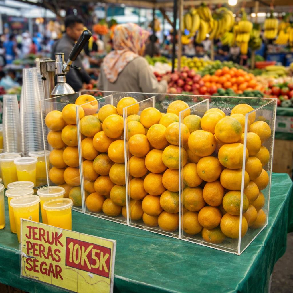 Etalase Jeruk Peras Akrilik – Display Jeruk Jualan