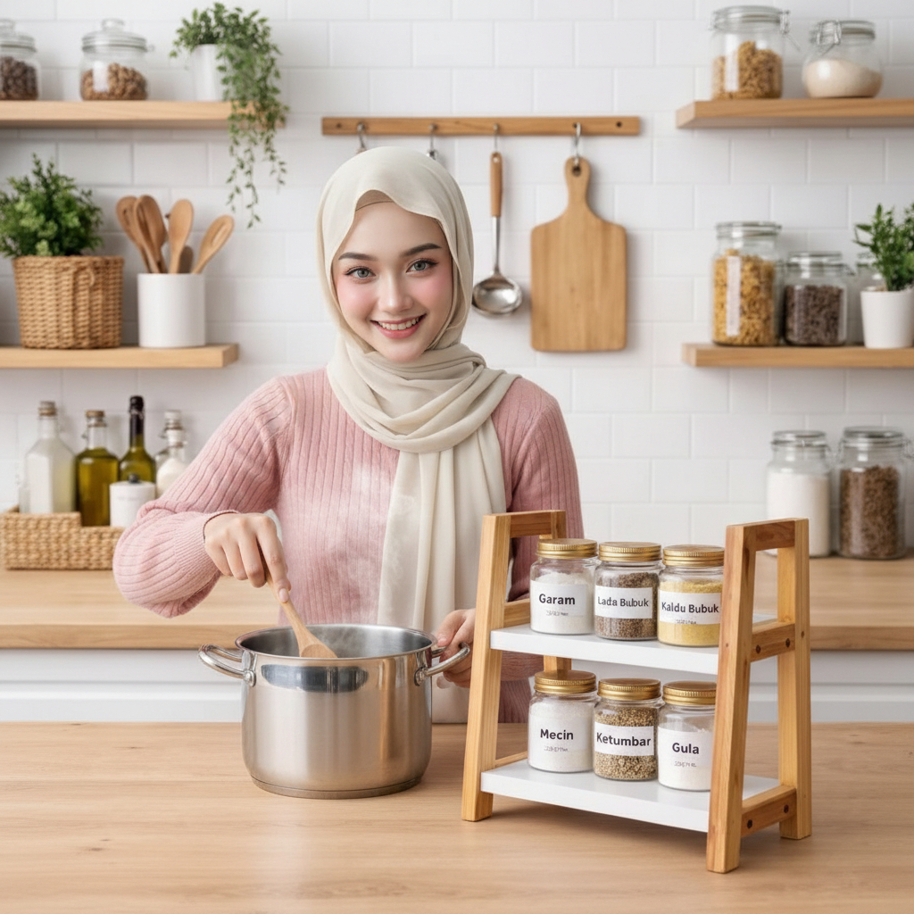 "Rak Bumbu Dapur Kayu 2 Susun Minimalis - Rak Dapur Aesthetic Kayu Putih"