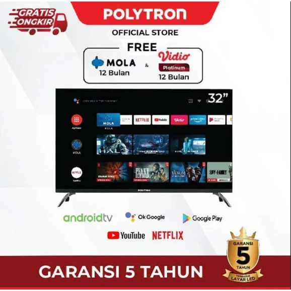 100% Baru TV LED Polytron PLD 32AG5759 32 inci HD Android TV YouTube Bluetooht DVBT-T2 Garansi 5 Tah