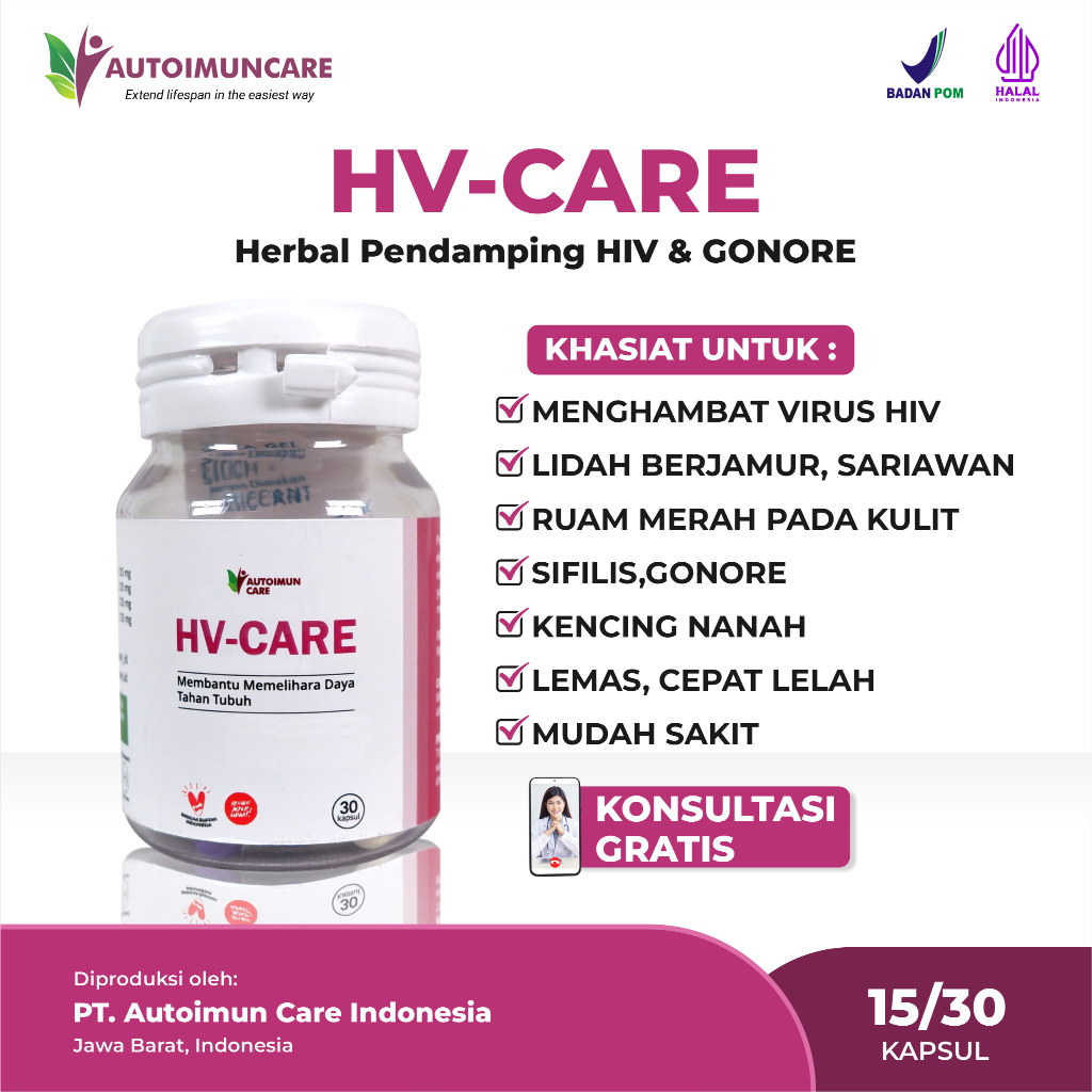 OBAT HERBAL HIV AIDS - OBAT IMS - HV CARE  CEGAH VIRUS TANPA ARV - SUDAH BPOM & HALAL - ORIGINAL