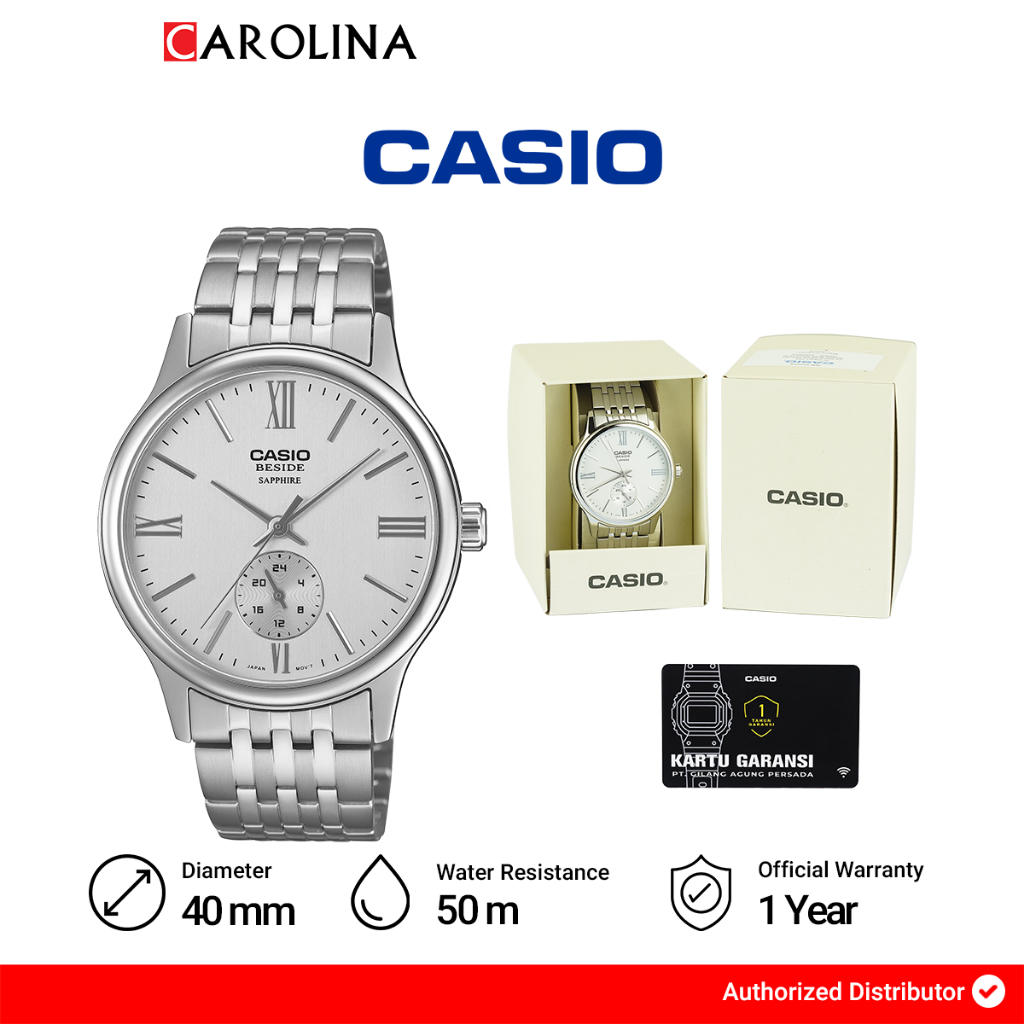 Jam Tangan Pria Casio Beside BMS-100D-7A White Dial Stainless Steel Band