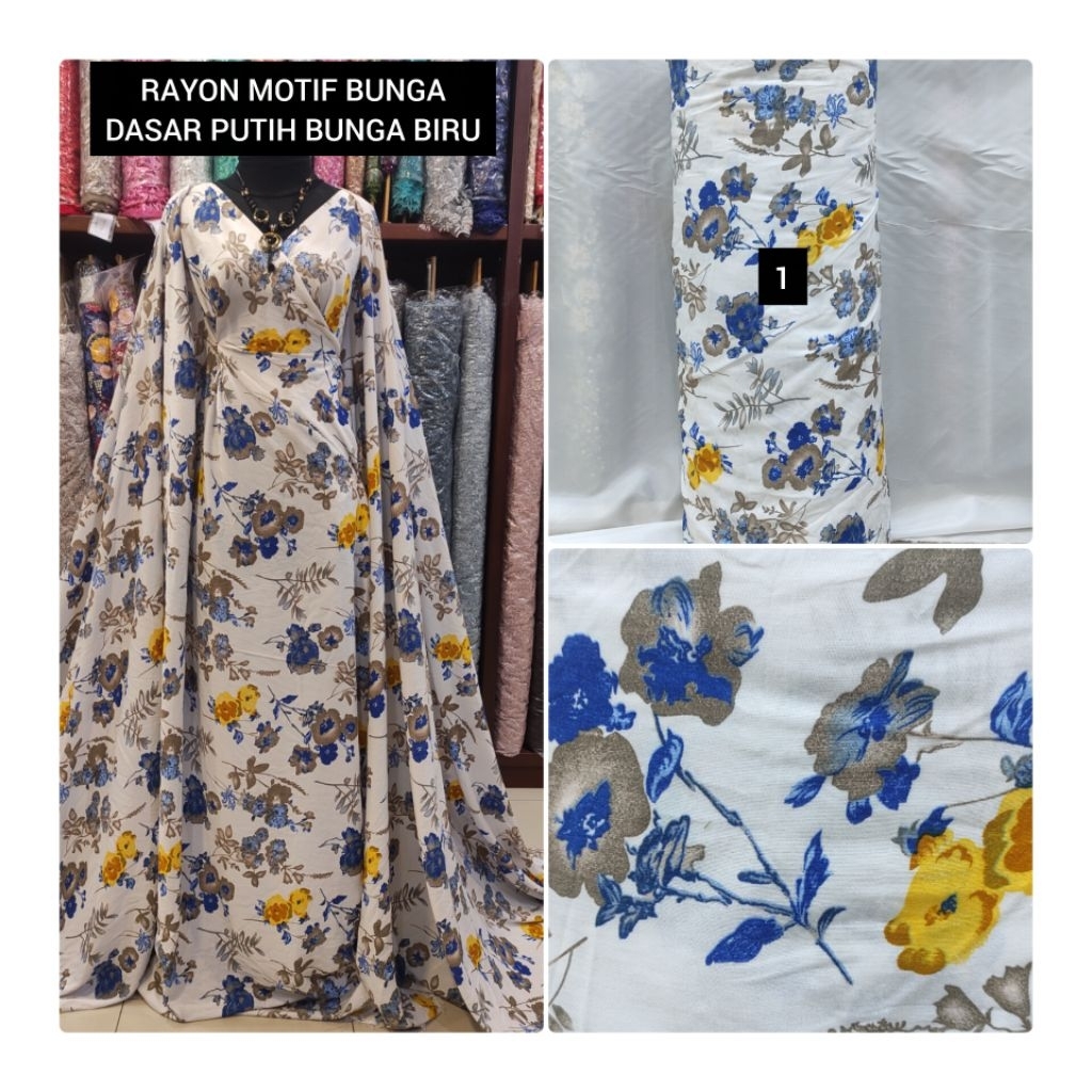 RAYON VISCOSE MOTIF DASAR PUTIH BUNGA BIRU