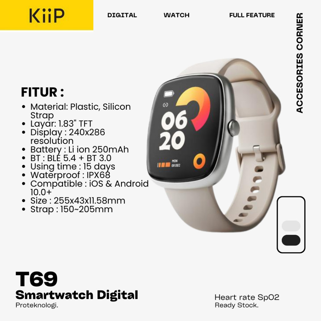 KiiP T69 Smart Watch Bluetooth Jam Tangan Digital 1.8 TFT Health Monitoring Universal