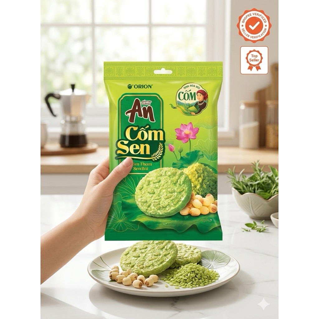 Orion An Biskuit Beras Panggang Rasa Cốm Sen (Ketan Hijau & Teratai) - Snack Import Vietnam Premium